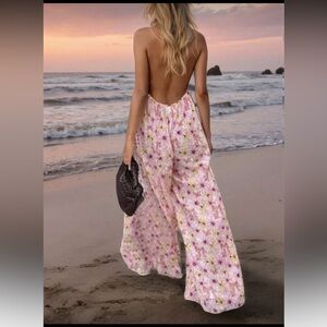 Backless floral halter jumpsuit